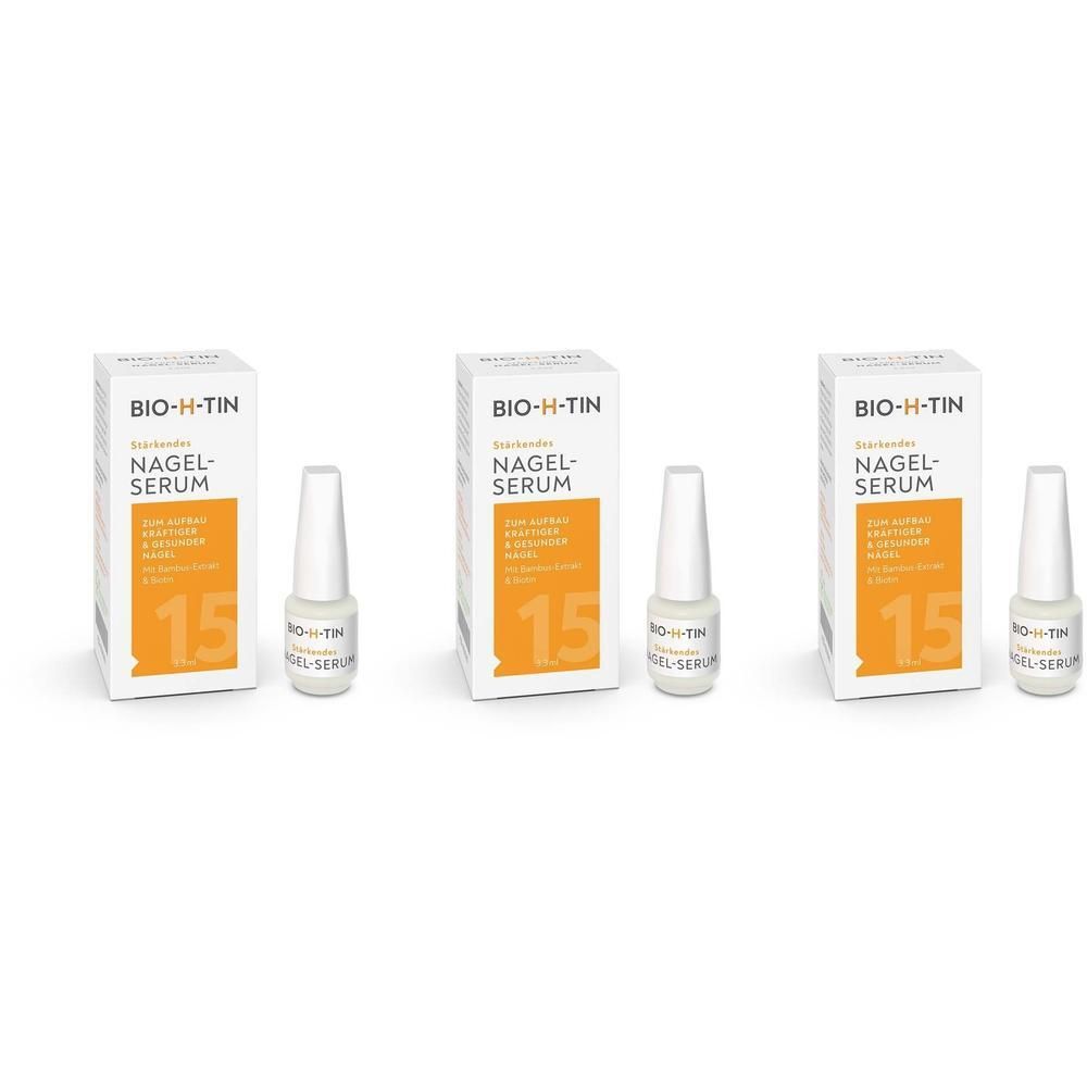 Drei Schachteln BIO-H-TIN® Stärkendes Nagelserum mit je einem Fläschchen.
