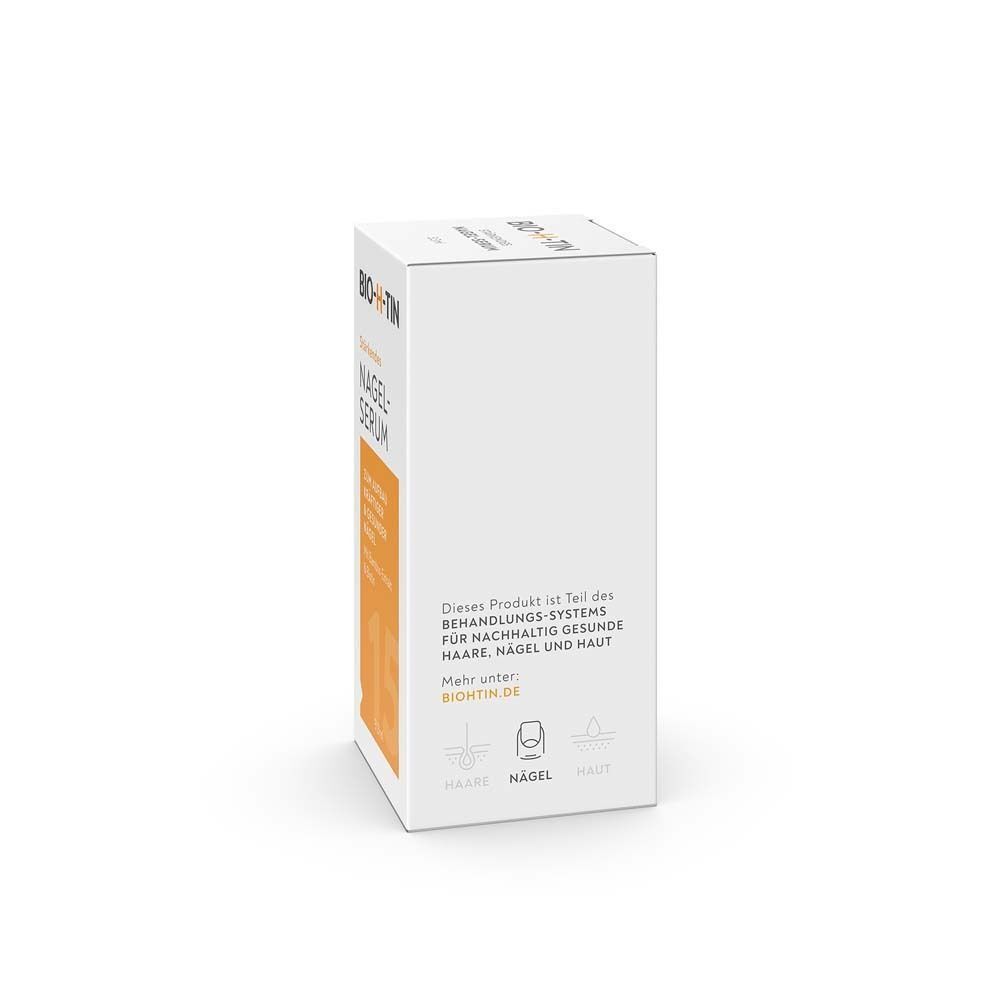 Rückseite einer Schachtel BIO-H-TIN® Nagelserum mit Produktinformationen und Website.