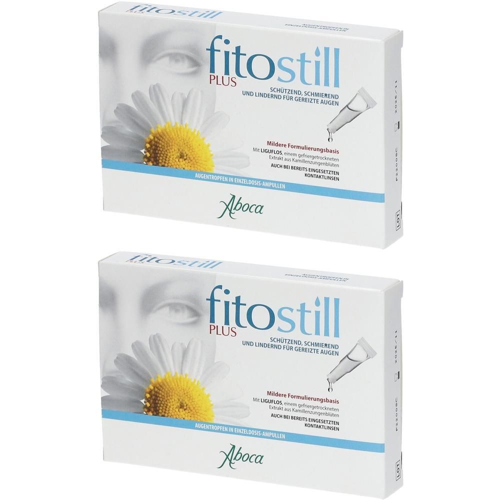 Zwei Packungen fitostill PLUS Augentropfen mit Kamillenblüte und Auge.