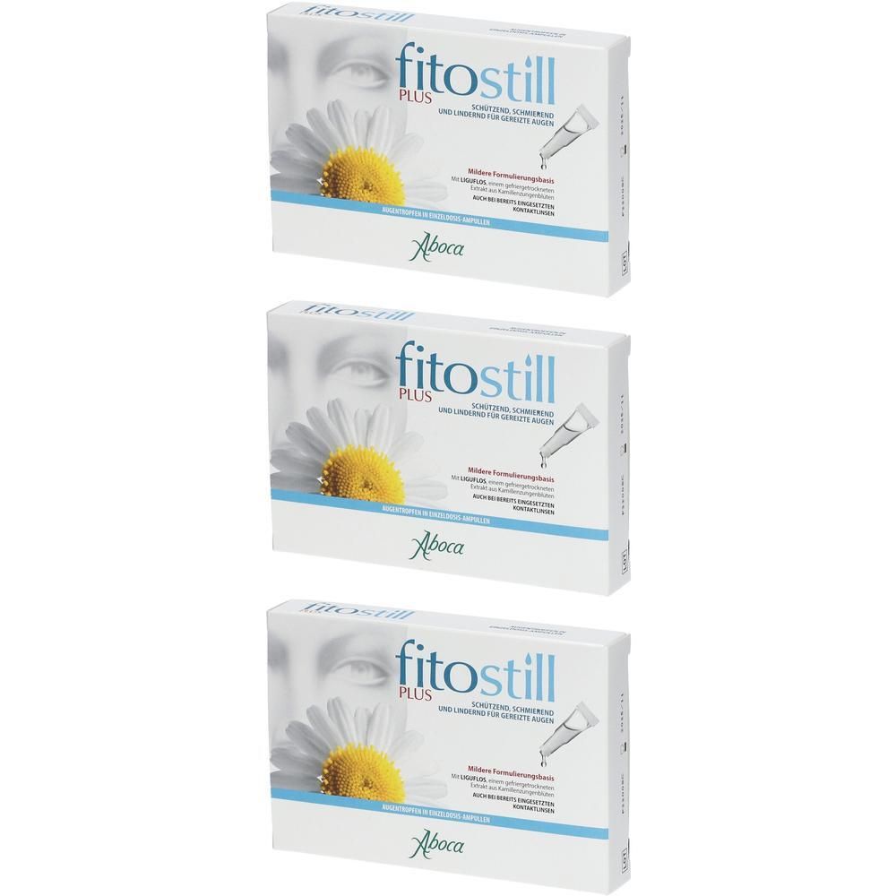 Drei Packungen fitostill PLUS Augentropfen mit Kamillenblüte und Auge.