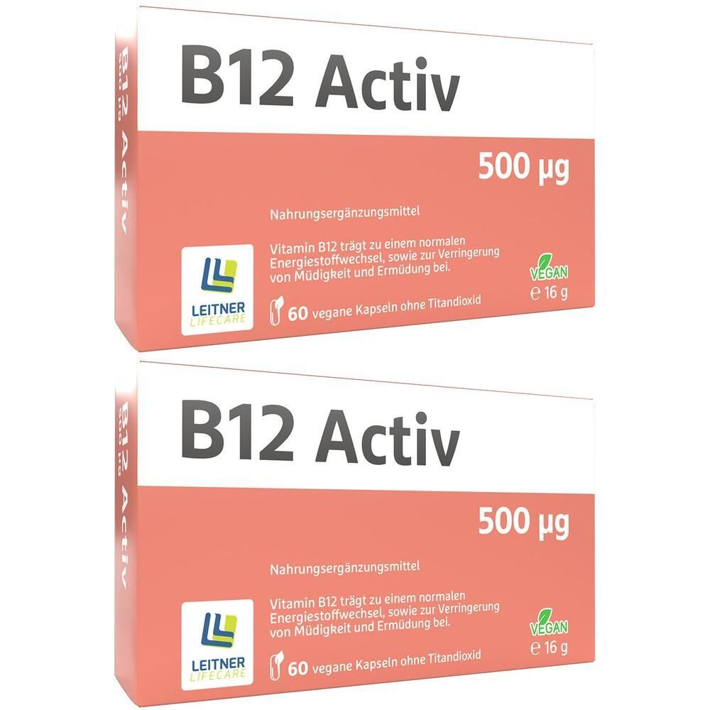 Zwei Packungen B12 Activ. Aufschrift: 500 µg, Nahrungsergänzungsmittel, 60 vegane Kapseln. Marke: LEITNER LIFECARE. Vegan-Siegel.