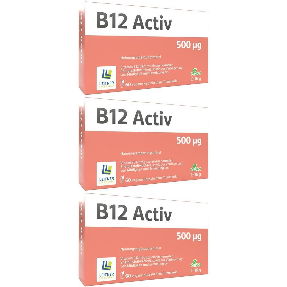 Drei Schachteln B12 Activ, 500 µg. Aufschrift: LEITNER. Jede Schachtel enthält 60 vegane Kapseln. Grün-weißes Logo.
