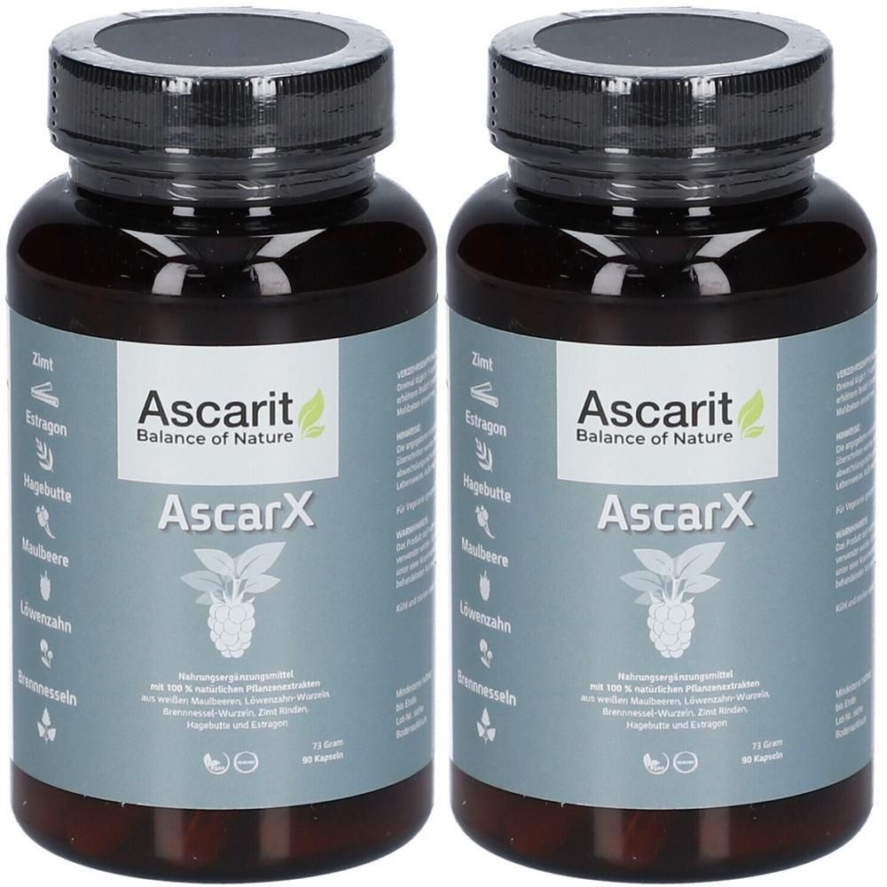 Zwei braune Flaschen mit schwarzen Deckeln. Auf den Etiketten steht "Ascarit Balance of Nature" und "AscarX".