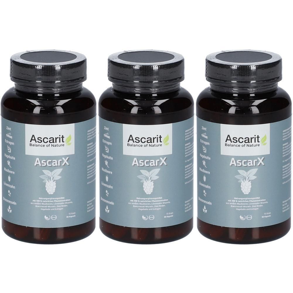 Drei braune Flaschen mit schwarzen Deckeln. Auf den Etiketten steht "Ascarit Balance of Nature" und "AscarX".