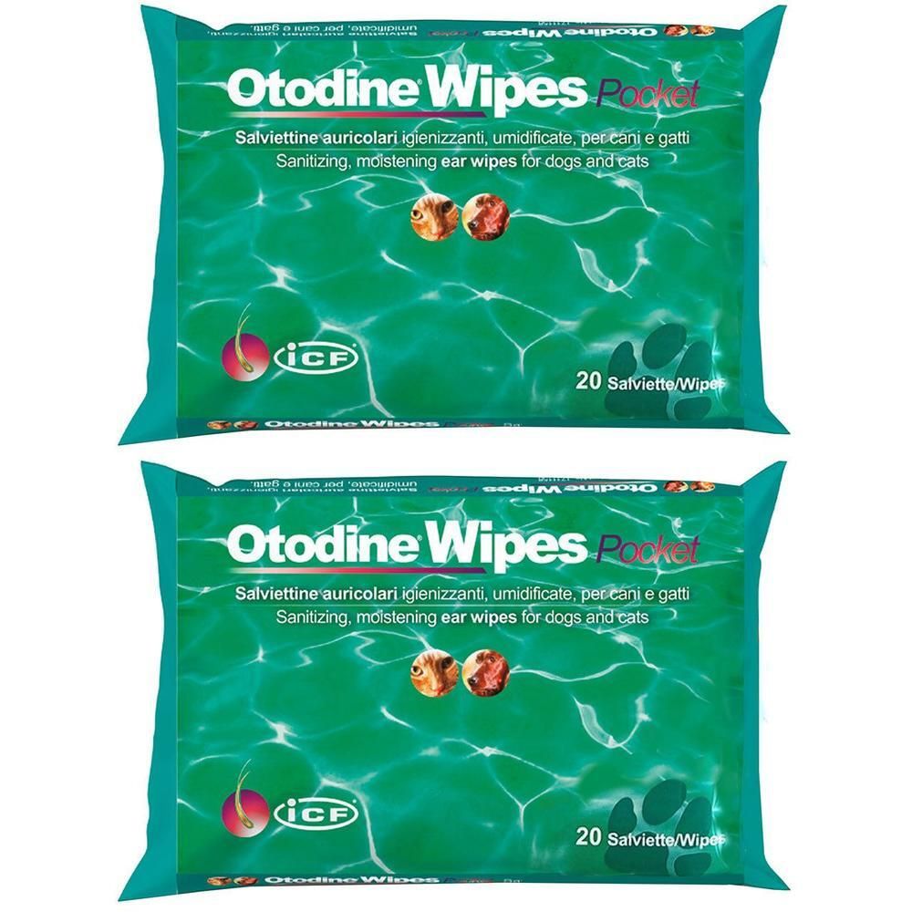 Zwei grüne Beutel mit "Otodine Wipes Pocket"-Aufdruck. Text in italienischer und englischer Sprache. Enthält 20 Tücher. Marke: ICF.