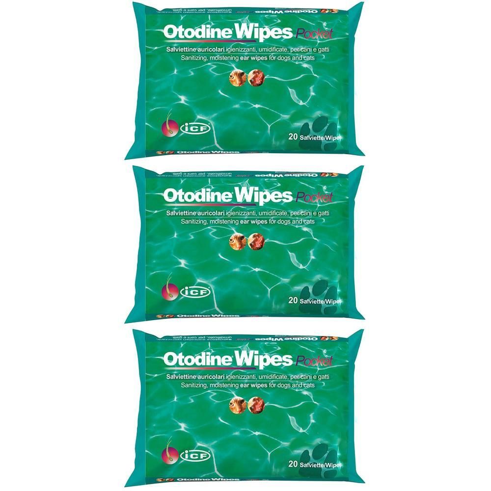 Drei Packungen Otodine Wipes Pocket. Grün-weiße Verpackung mit Produktnamen und Text. Enthält 20 Tücher. Logo: ICP.