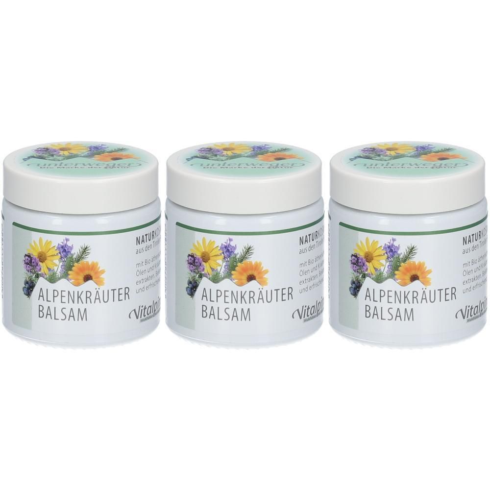 Drei Cremetiegel mit Deckel. Aufschrift: Alpenkräuter Balsam. Floral-Dekor. Marke Vitalis.