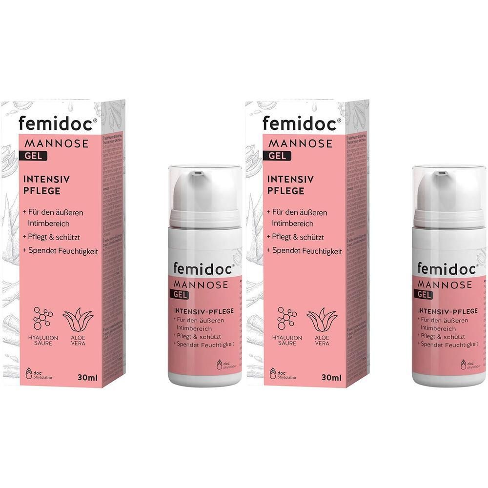 Drei Packungen und Flaschen von femidoc Mannose Gel. Rosa Verpackung mit weißer Schrift. Flaschen mit Pumpkopf.