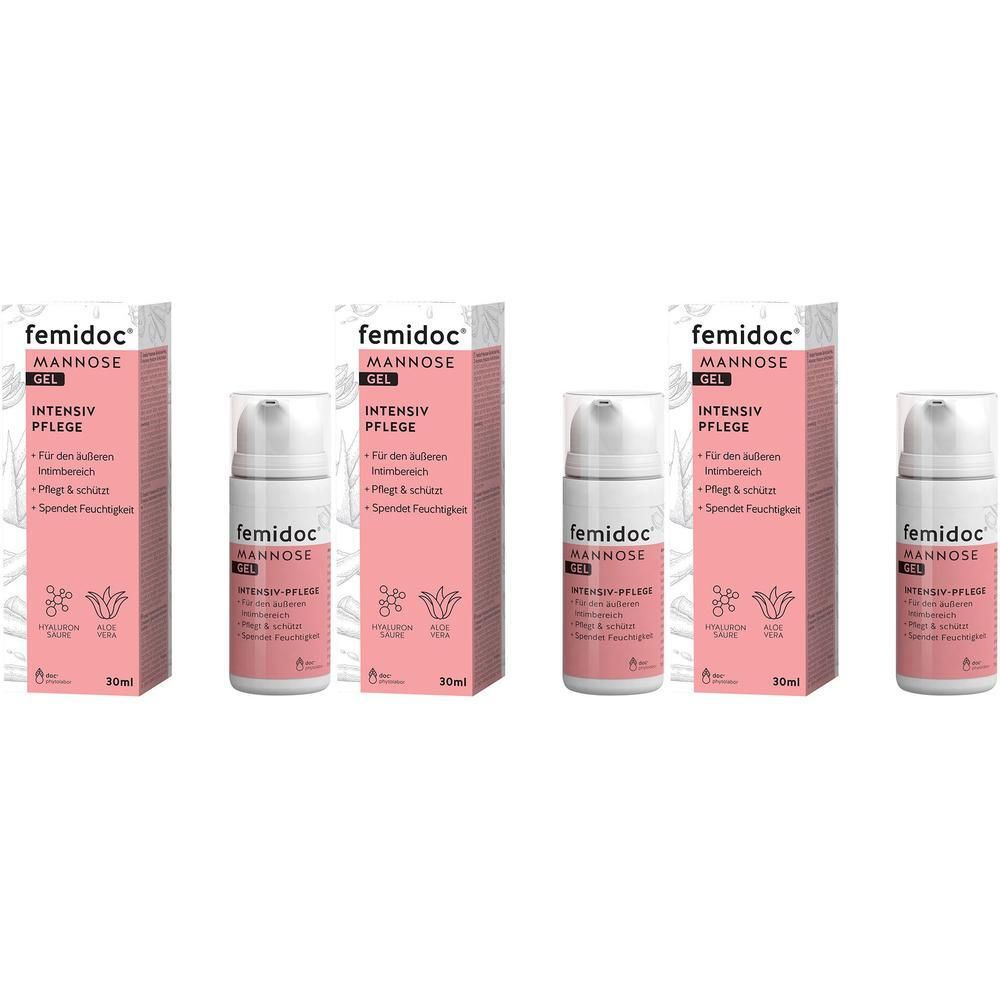 Mehrere Packungen und Flaschen von femidoc Mannose Gel. Rosa Verpackung mit weißer Schrift. Flaschen mit Pumpkopf.