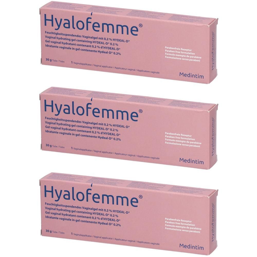 Drei rosa Schachteln mit dem Produktnamen Hyalofemme. Aufdrucke in mehreren Sprachen. Hersteller: Medintim.