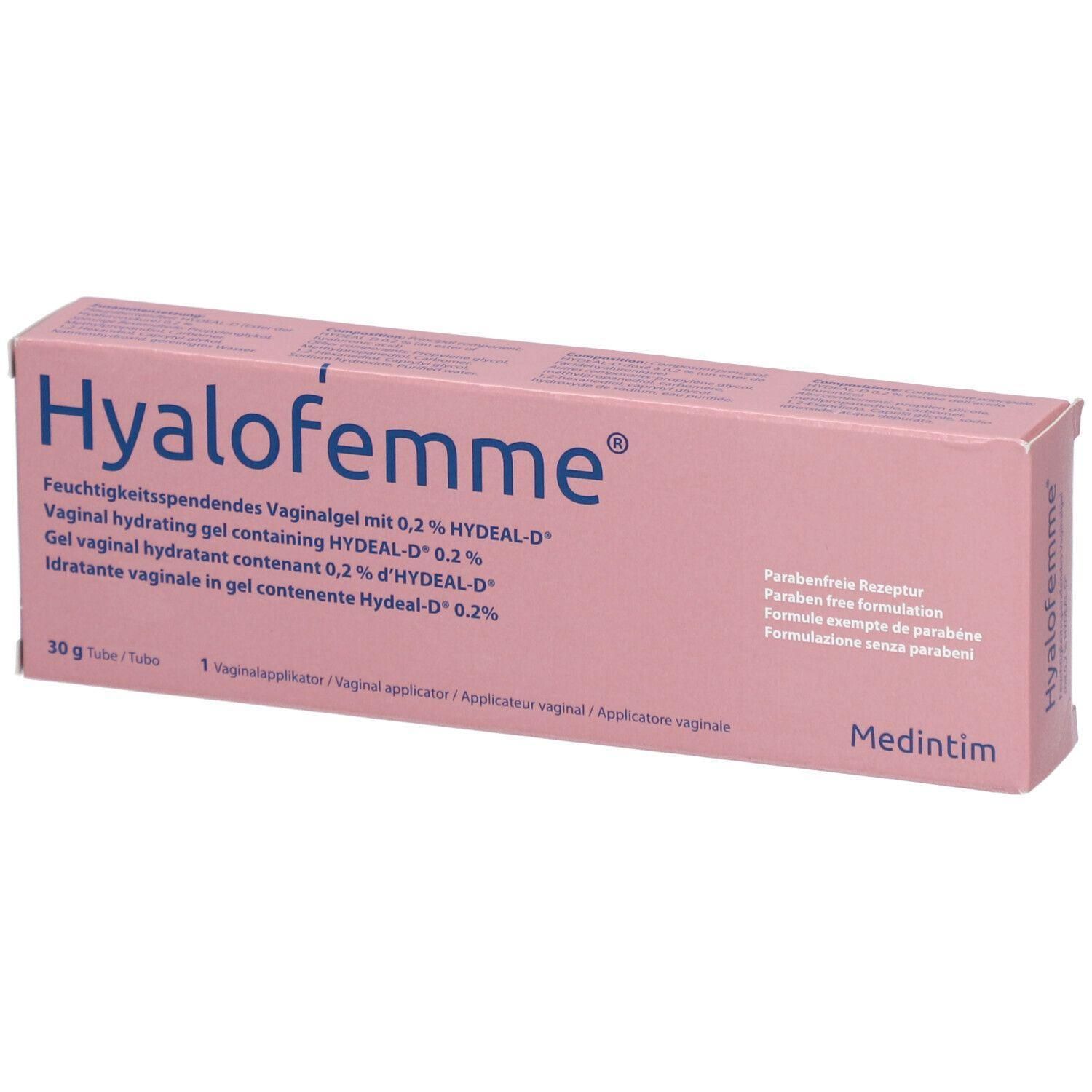 Rosa Schachtel mit Produktnamen Hyalofemme. Text: Feuchtigkeitsspendendes Vaginalgel, 30g Tube, 1 Vaginalapplikator. Marke Medintim.