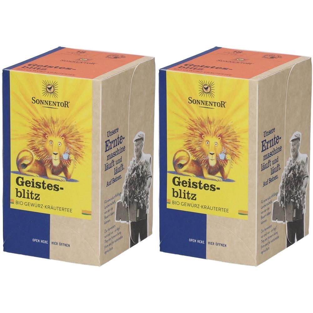 Zwei Kartons Sonnentor Geistesblitz Tee. Gelb-orangefarbene Etiketten mit Löwen-Illustration. Braune Kartonverpackung.