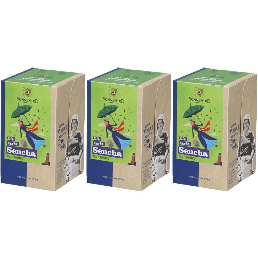 Drei rechteckige Kartons. Grün-braune Verpackung mit Illustration einer Frau mit Schirm. Text: Sencha, Bio-Grüntee, Sonnentor.