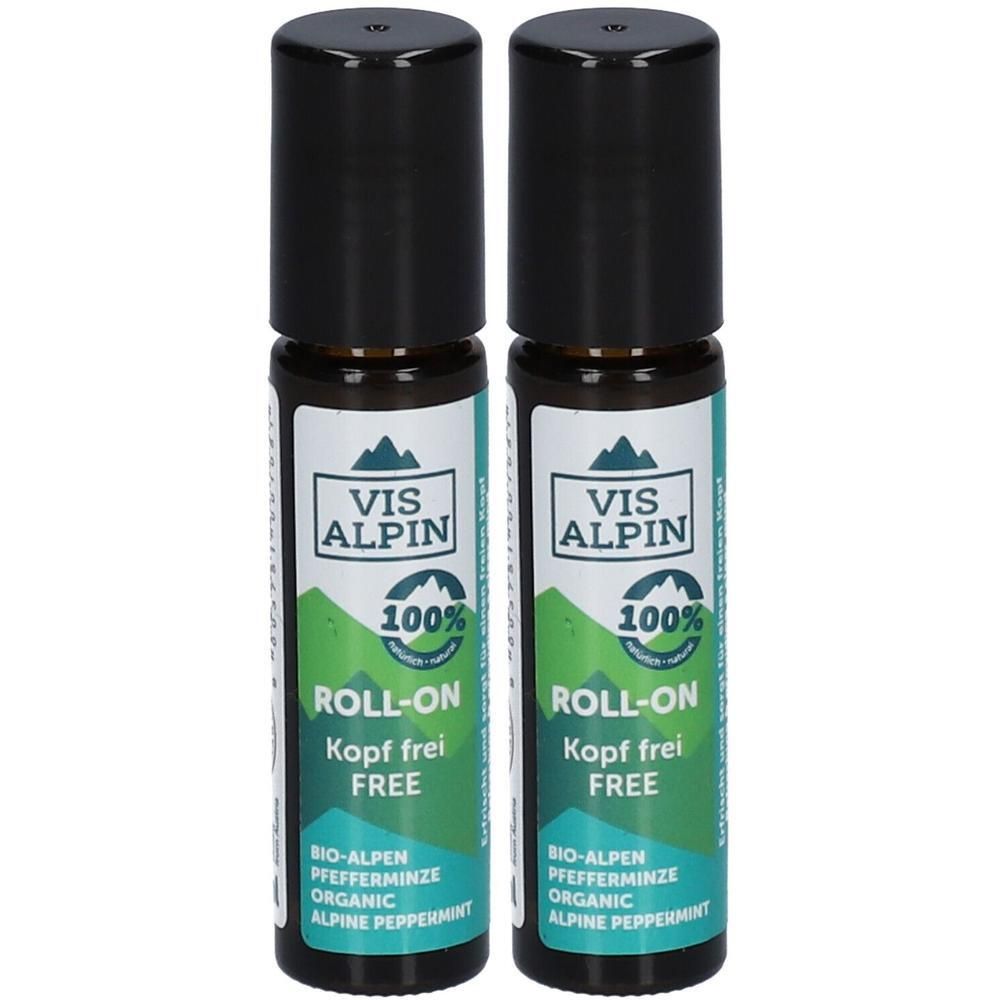 Zwei Roll-on-Flaschen mit schwarzem Deckel. Aufschrift: VIS ALPIN, ROLL-ON, Kopf frei, BIO-ALPEN PFEFFERMINZE, ORGANIC ALPINE PEPPERMINT.