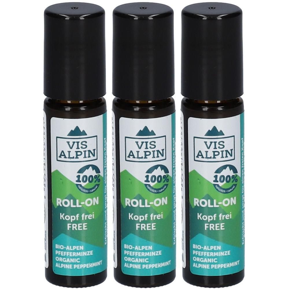 Drei Roll-on-Flaschen mit schwarzem Deckel. Etikett mit Logo, Text: VIS ALPIN, 100%, Roll-on, Kopf frei, FREE, Bio-Alpen, Pfefferminze, Organic, Alpine Peppermint.