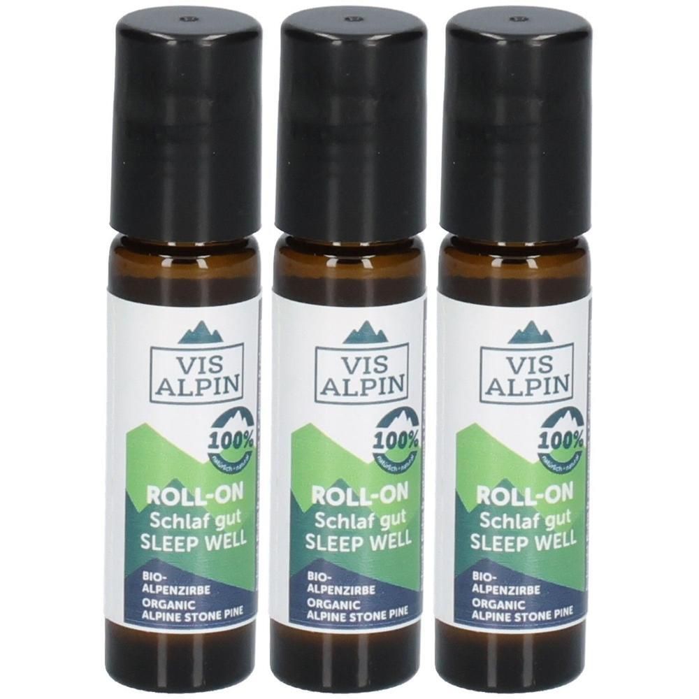 Drei Roll-on-Flaschen mit schwarzem Deckel. Etikett mit Logo, Text: ROLL-ON Schlaf gut, 100% und BIO-Alpenzirbe. Braunes Glas.