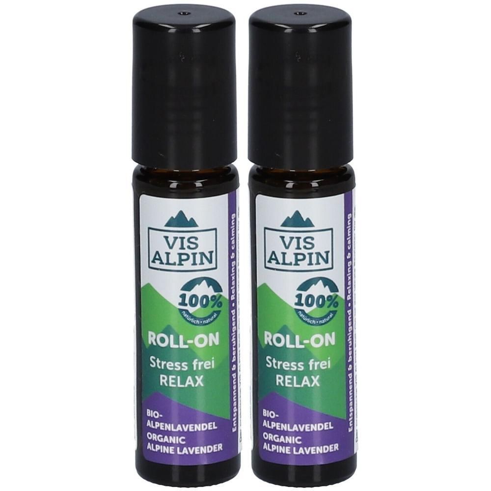 Zwei Roll-on-Flaschen mit schwarzem Deckel. Auf den Etiketten steht "VIS ALPIN", "ROLL-ON Stress frei RELAX" und "100%".
