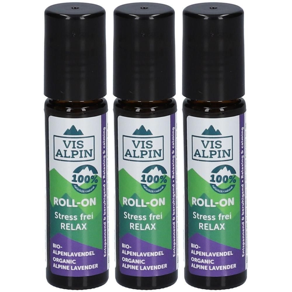 Drei Roll-on-Flaschen mit schwarzem Deckel. Aufschrift: VIS ALPIN, ROLL-ON, Stress frei RELAX, Bio-Alpenlavendel. Grün-weiß-lila Etikett.