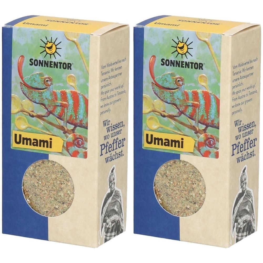 Zwei rechteckige Kartons mit Sonnentor Umami Gewürz. Aufdruck: Chamäleon, Sonne, Umami, Pfeffer wächst.