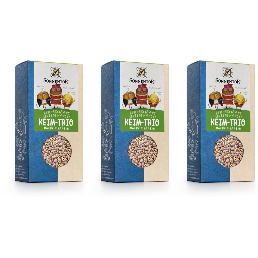 Drei rechteckige Verpackungen mit dem Produkt Keim-Trio. Aufdrucke: SonnentoR, Keim-Trio, Sprossen aus gutem Hause. Sichtfenster mit Inhalt.