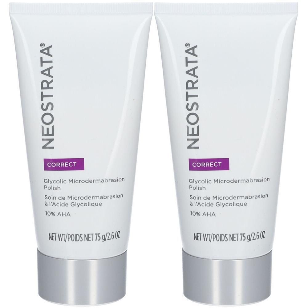 Zwei Tuben NEOSTRATA CORRECT Glycolic Microdermabrasion Polish. Weiße Tuben mit lila Akzenten und Produktinformationen.