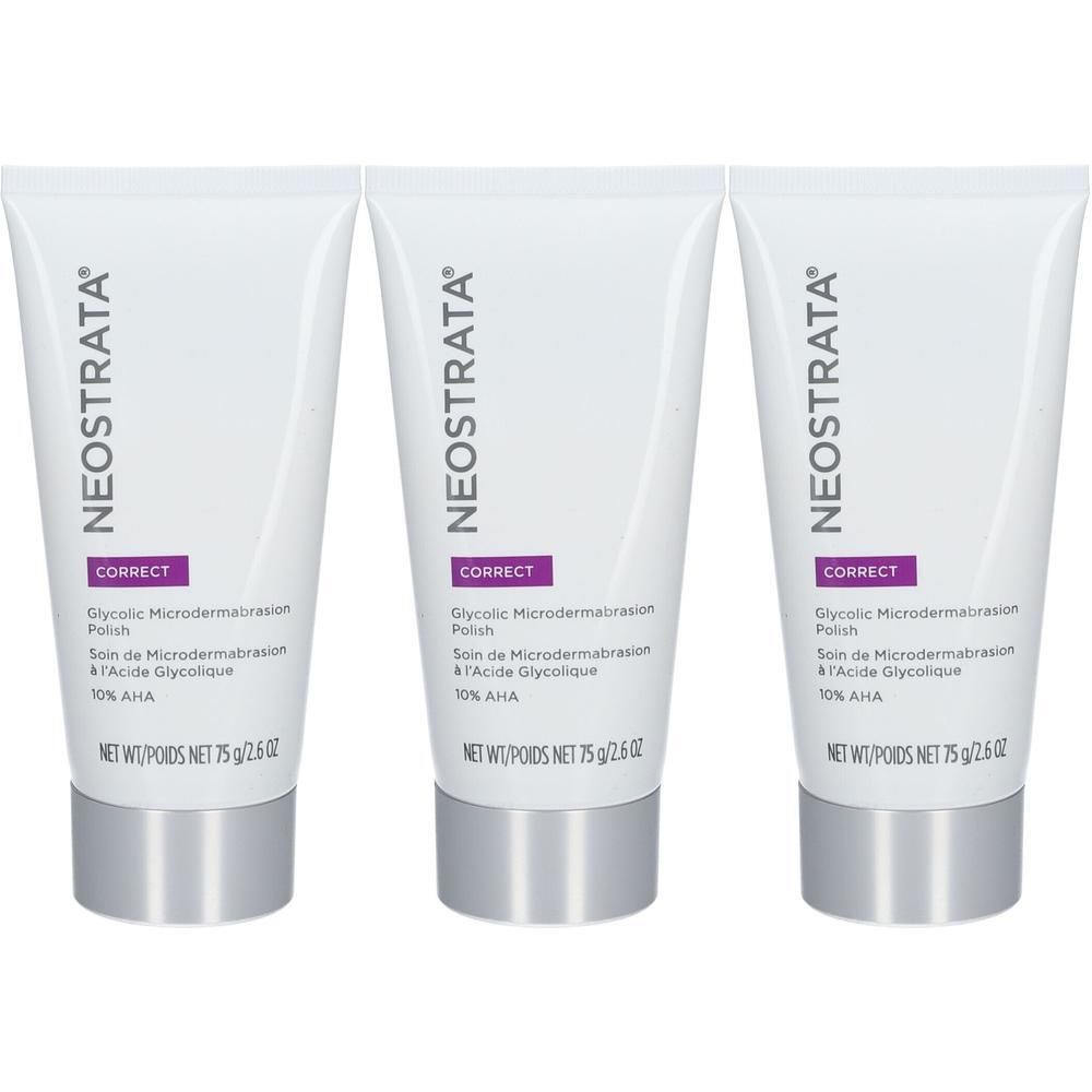 Drei Tuben NEOSTRATA CORRECT Glycolic Microdermabrasion Polish. Weiße Tuben mit silbernen Verschlüssen. Text: CORRECT, 10% AHA.