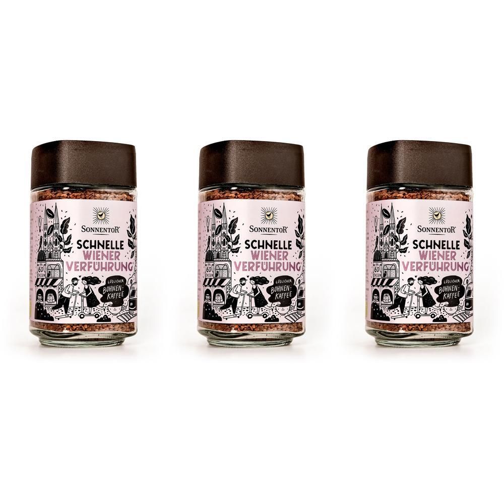 Drei Gläser SonnentoR® Schnelle Wiener Verführung. Braune Deckel, rosa Etikett mit Illustrationen und Text.