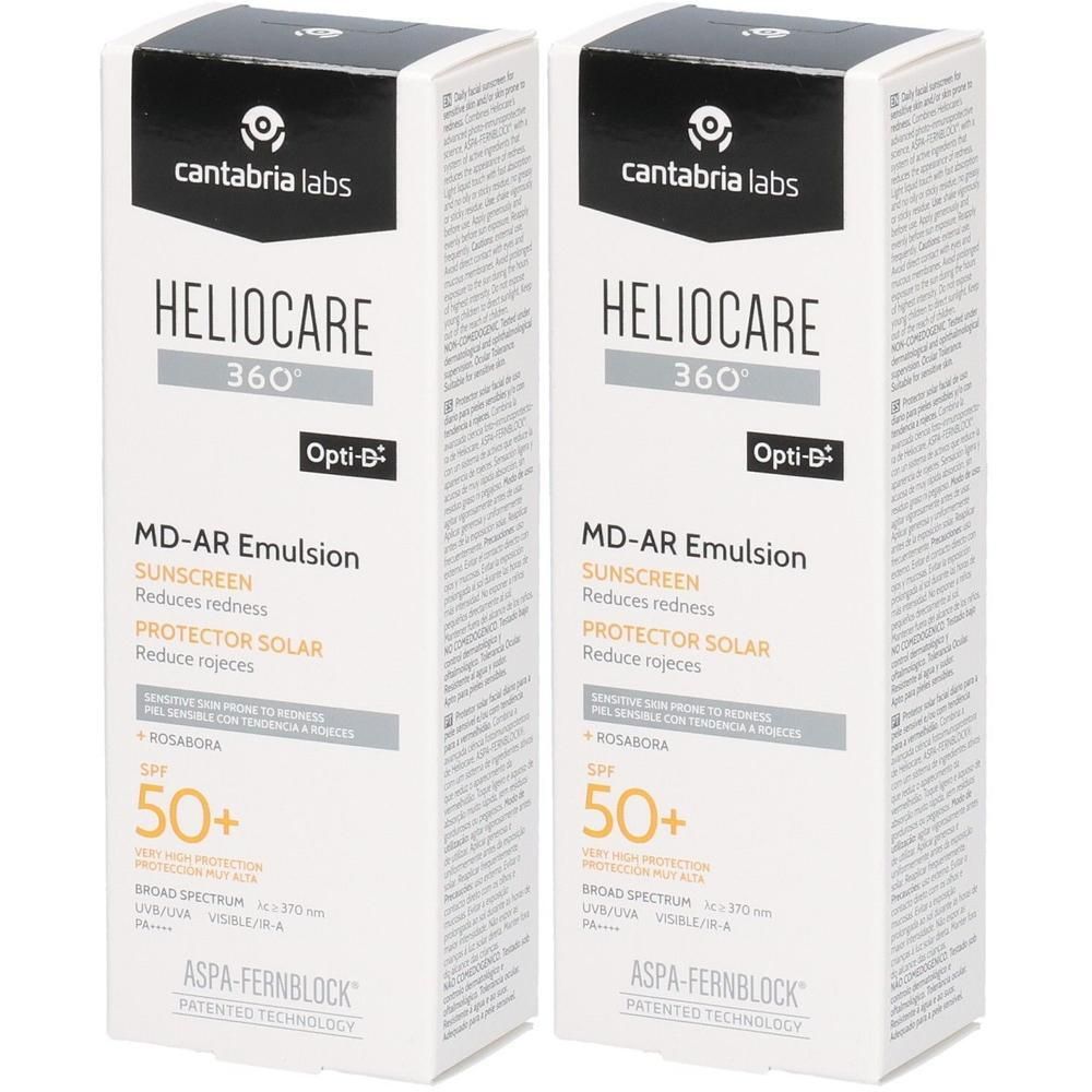 Zwei weiße Kartons mit Produktinformationen. Aufschrift: HELIOCARE 360°, MD-AR Emulsion, Sonnenschutz, SPF 50+. Marke: cantabria labs.