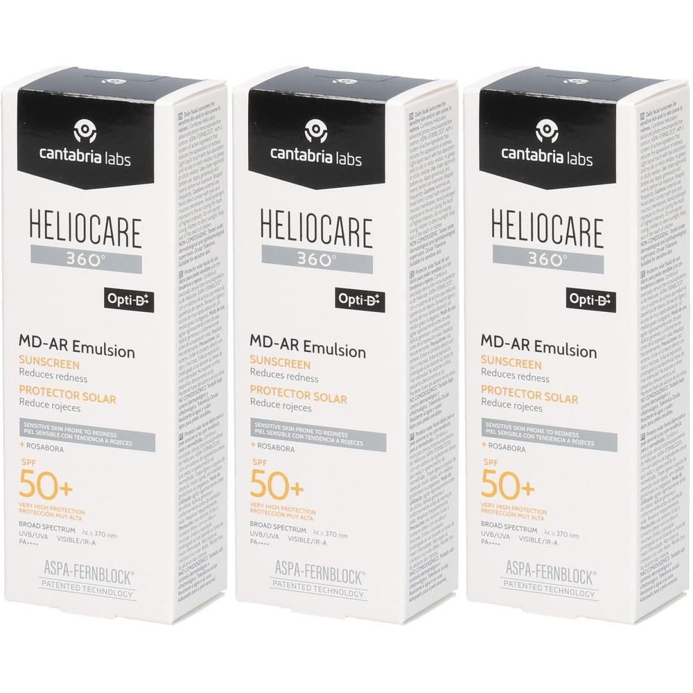 Drei Schachteln HELIOCARE 360° MD-AR Emulsion. Weiße Verpackung mit Produktnamen, SPF 50+ und Logo.