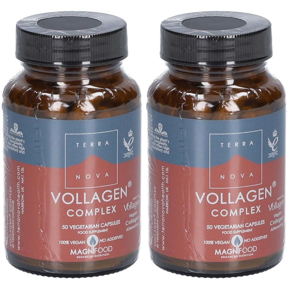 Zwei braune Glasflaschen mit schwarzen Deckeln. Auf den Etiketten steht "TERRA NOVA VOLLAGEN COMPLEX" und "50 VEGETARIAN CAPSULES".