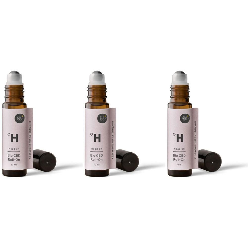 Drei braune Roll-On-Flaschen mit schwarzen Kappen und Etiketten. Auf den Etiketten steht "head on Bio CBD Roll-On".
