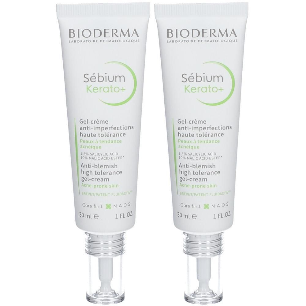 Zwei Tuben BIODERMA Sébium Kerato+ Gel-Creme. Weiße Tuben mit grüner Schrift. Enthält 30 ml. Mit Applikator.