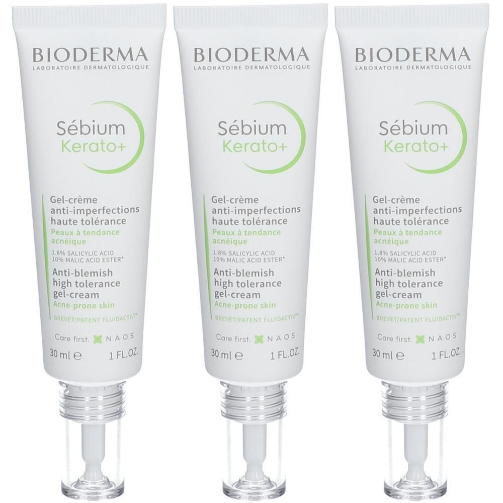 Drei Tuben BIODERMA Sébium Kerato+ Gel-Creme. Weiße Tuben mit grüner Schrift. Enthält Text wie "Anti-Imperfections" und "Acne-prone skin".