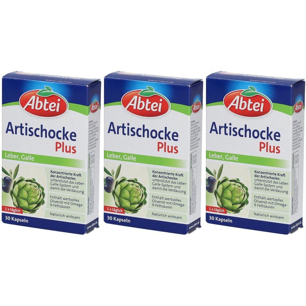 Drei Schachteln mit der Aufschrift "Abtei Artischocke Plus". Jede Schachtel zeigt eine Artischocke und Oliven.