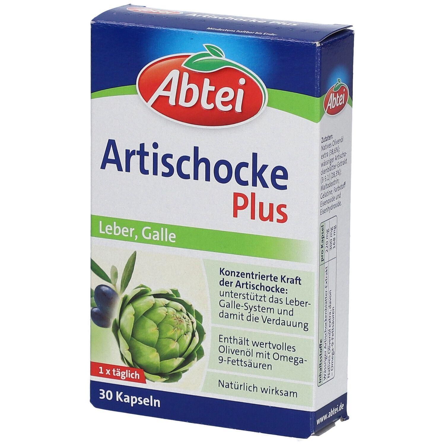 Verpackung von Abtei Artischocke Plus. Enthält 30 Kapseln. Aufschrift: Artischocke Plus, Leber, Galle. Mit Olivenöl und Omega-9-Fettsäuren.