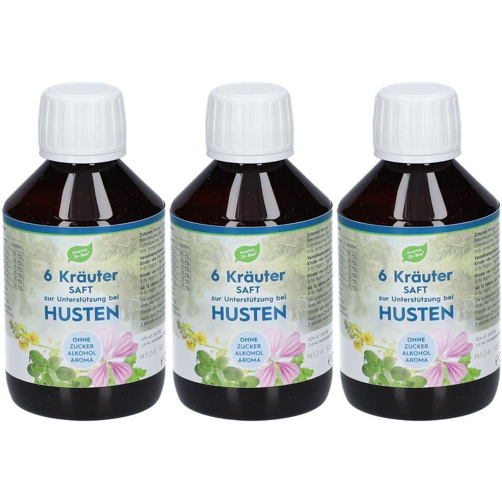 Drei Flaschen Hustensaft. Braune Flaschen mit weißen Deckeln und Etiketten mit Produktinformationen und floralem Design.
