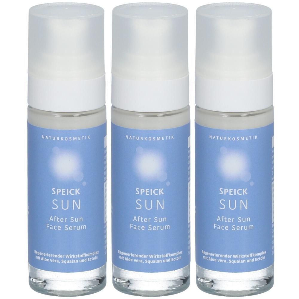 Drei Flaschen SPEICK SUN After Sun Face Serum. Blaue Etiketten mit weißer Schrift. Naturkosmetik-Logo. Transparente Flaschen mit weißem Deckel.