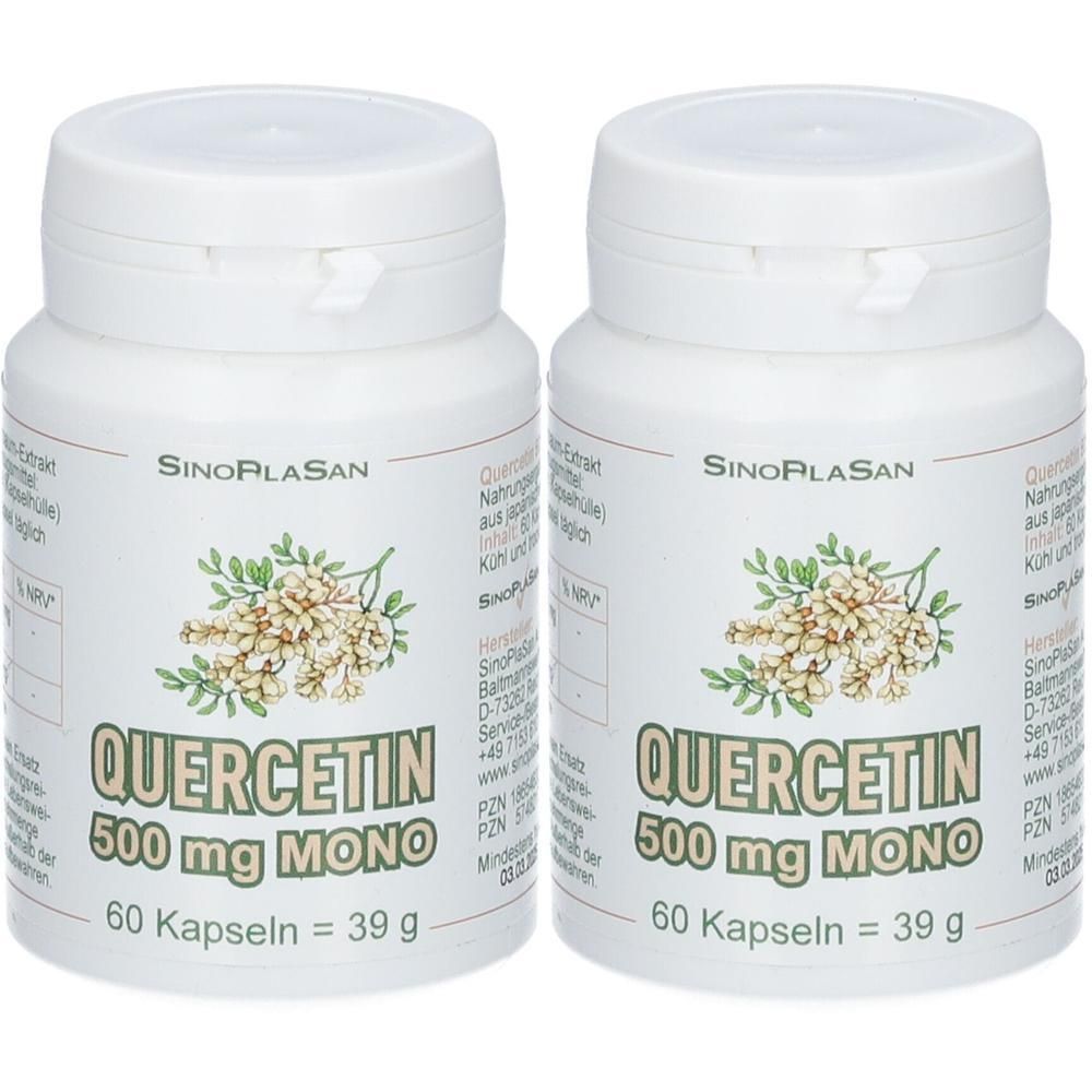 Zwei weiße Tablettenflaschen mit Schraubverschluss. Aufschrift: QUERCETIN 500 mg MONO. 60 Kapseln. Marke: SinoPlaSan.
