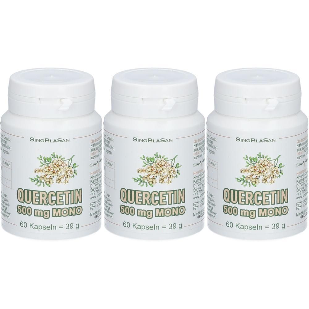 Drei weiße Flaschen mit Schraubverschluss. Auf jeder Flasche steht "QUERCETIN 500 mg MONO".
