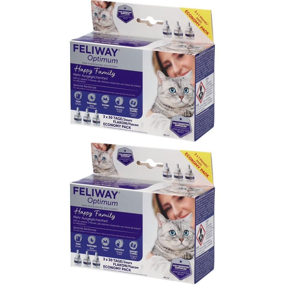 Zwei Kartons FELIWAY Optimum Happy Family. Aufdrucke: Katze, Frau, Flakons, Economy Pack. Enthält 3 x 30 Tage Flakons.
