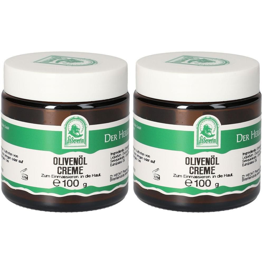 Zwei Gläser Olivenöl Creme mit weißem Deckel. Aufschrift: Olivenöl Creme, Der Heilgarten, Logo.