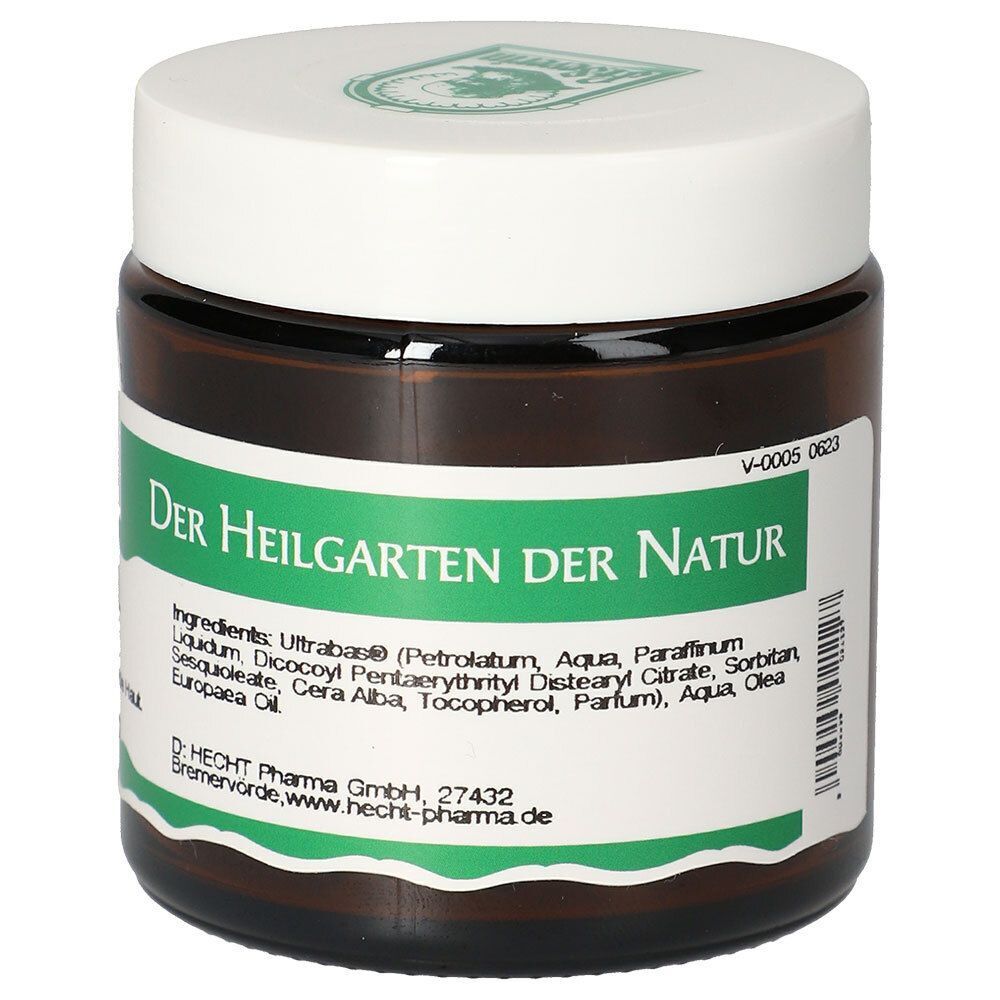 Glas Olivenöl Creme mit weißem Deckel. Aufschrift: Der Heilgarten der Natur, Zutatenliste, Logo.