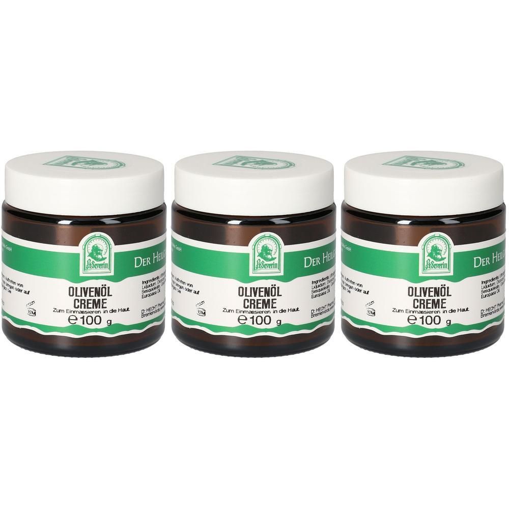 Drei braune Gläser mit weißem Deckel. Aufschrift: Olivenöl Creme, E 100 g. Grüne Etiketten.