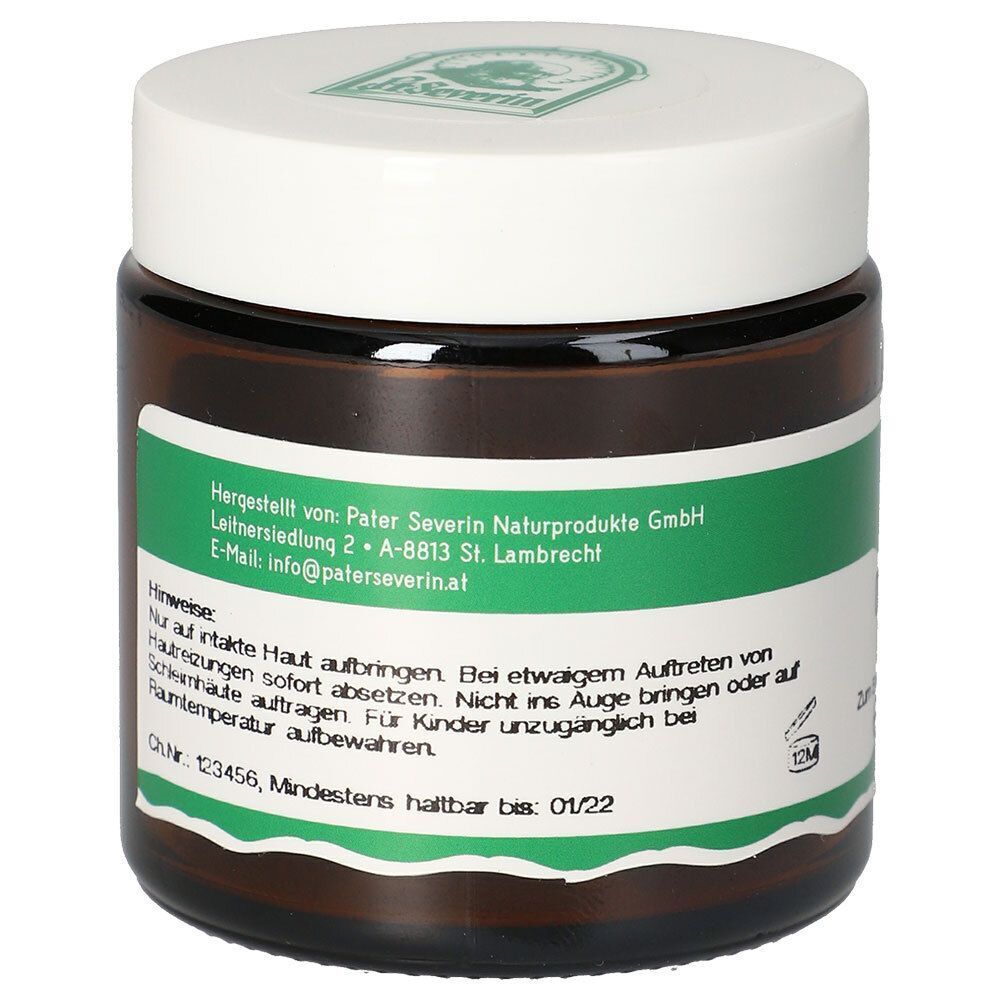 Braunes Glas mit weißem Deckel. Aufschrift: Pater Severin Naturprodukte GmbH. Grünes Etikett mit Hinweisen.