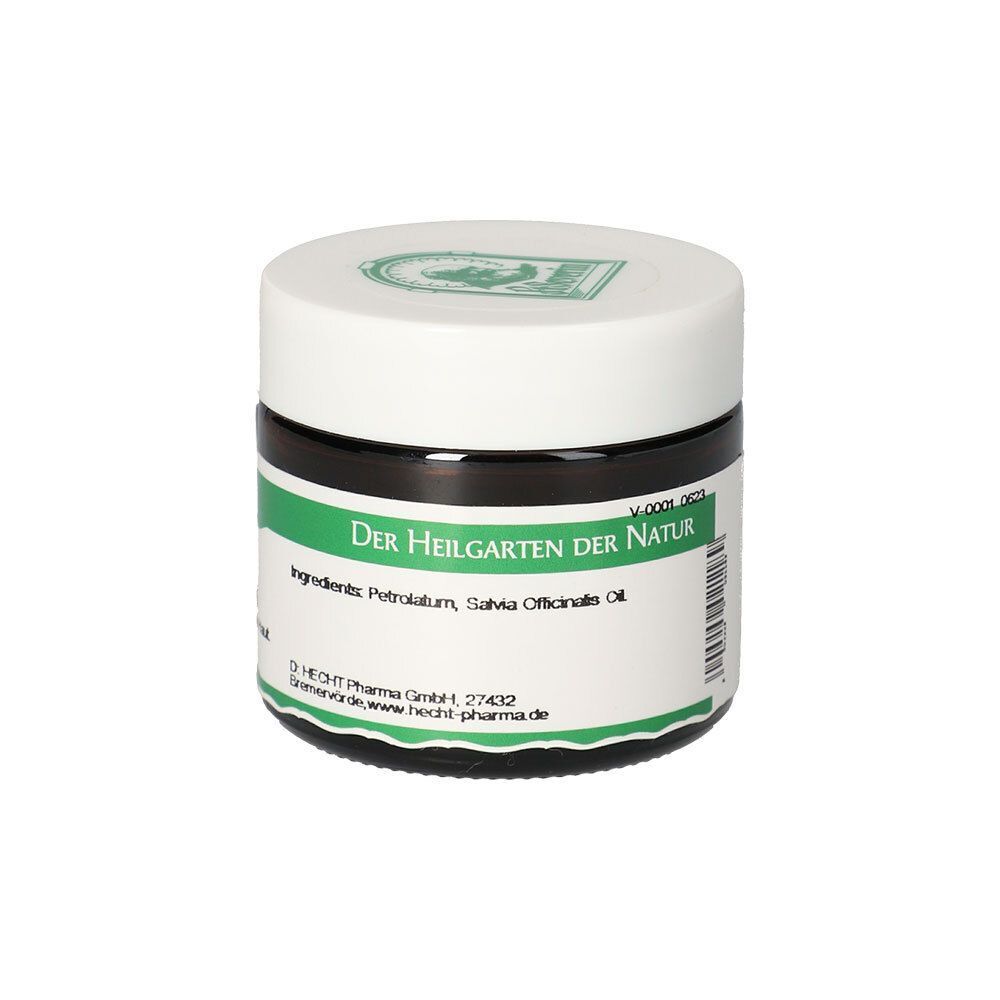 Tiegel Salbeiölsalbe 10% mit weißem Deckel und grüner Beschriftung. Aufschrift: Der Heilgarten der Natur. Inhaltsstoffe: Petrolatum, Salvia Officinalis Oil.