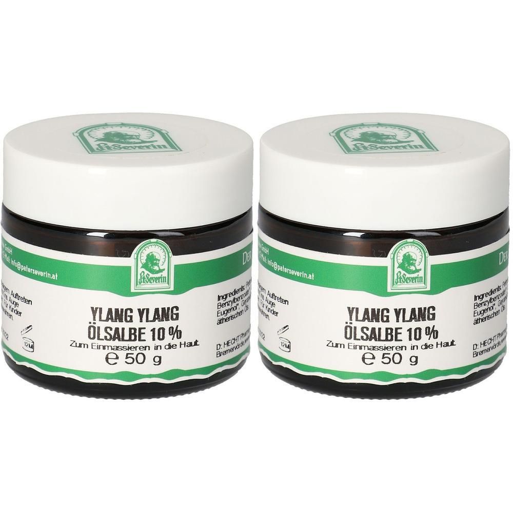 Zwei Tiegel St. Severin Ylang Ylang Ölsalbe 10 %. Weiße Deckel, grüne Etiketten mit Text. Braunes Glas. Aufschrift: Ylang Ylang Ölsalbe 10 %.