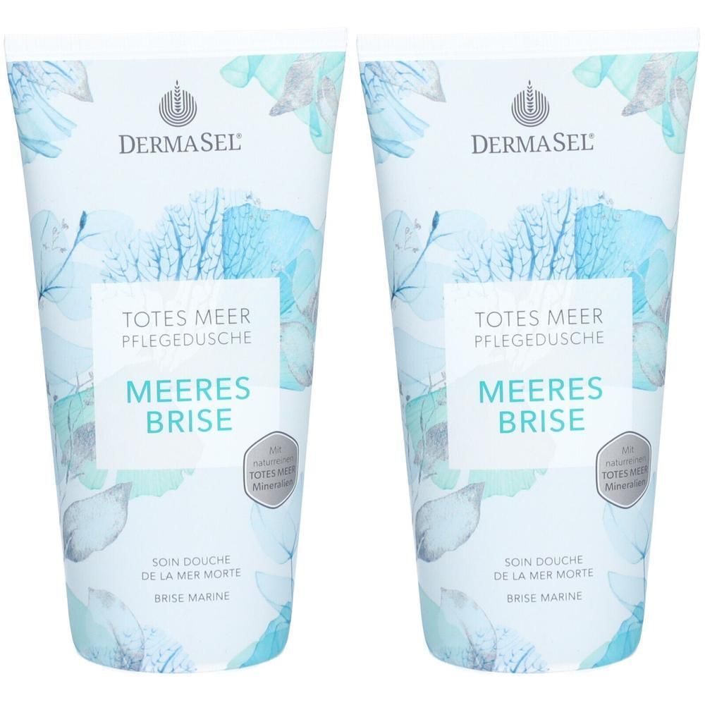 Zwei Tuben Duschgel mit floralem Design. Aufschrift: DERMASEL, TOTES MEER Pflegedusche, MEERES BRISE. Mit Zertifizierung.
