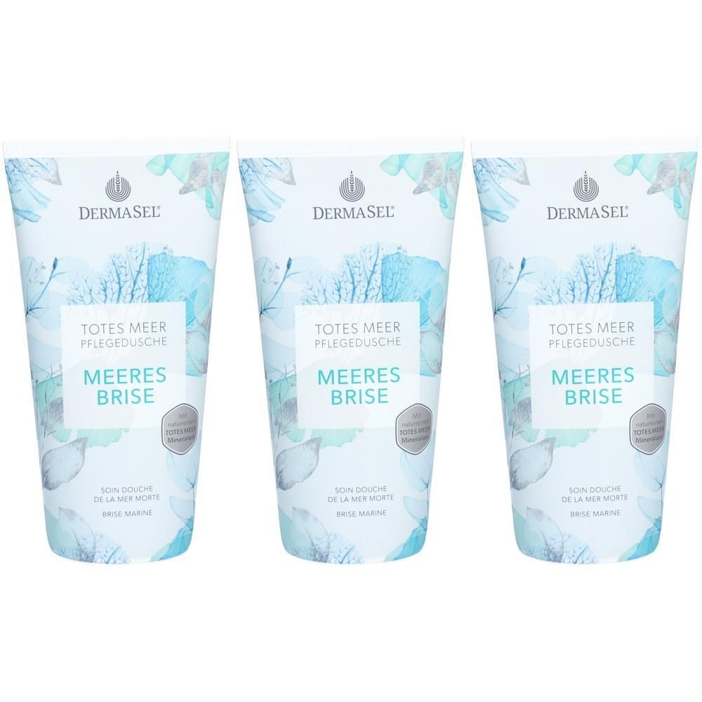 Drei Tuben DERMASEL Pflegedusche Meeresbrise. Weiße Tuben mit blauem floralen Design und Produktbezeichnungen. Logo und Schriftzug.
