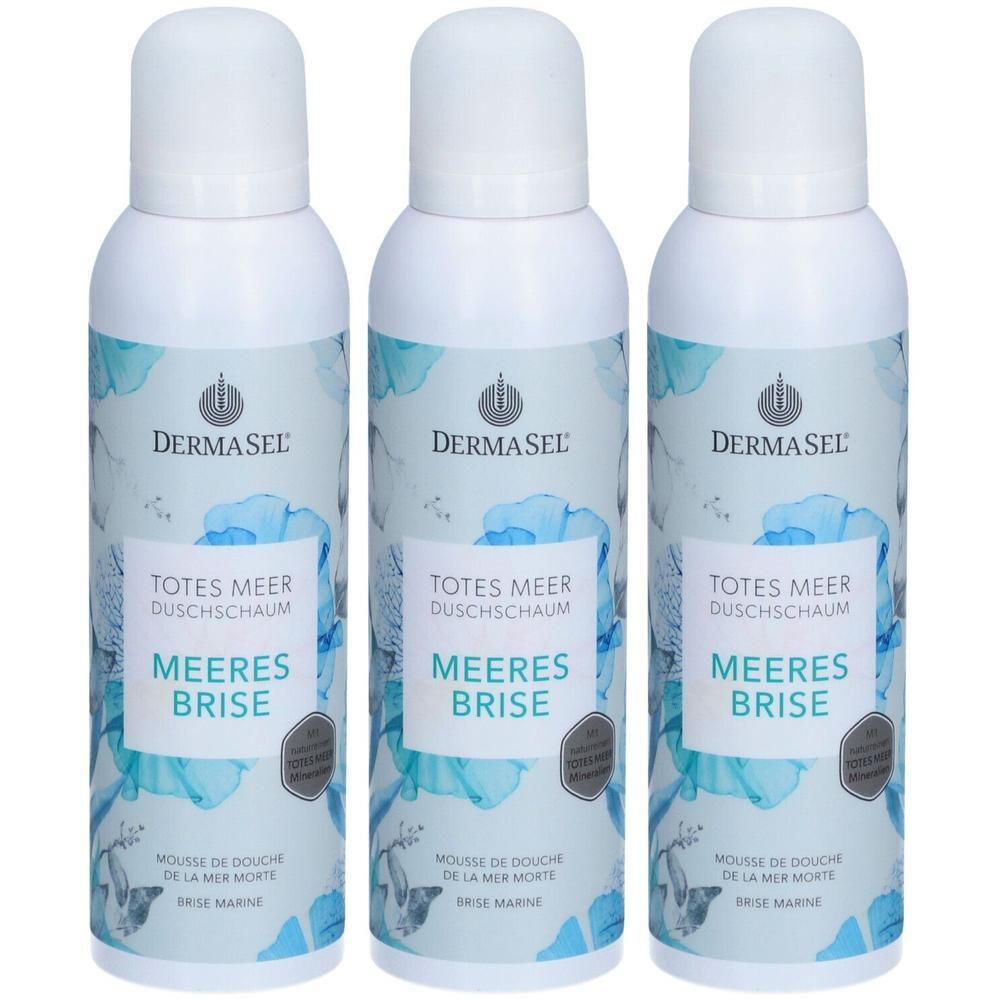 Drei weiße Sprühflaschen mit blauer Etikettierung. Aufschrift: DERMASEL, TOTES MEER Duschschaum, Meeresbrise. Runde Siegel.