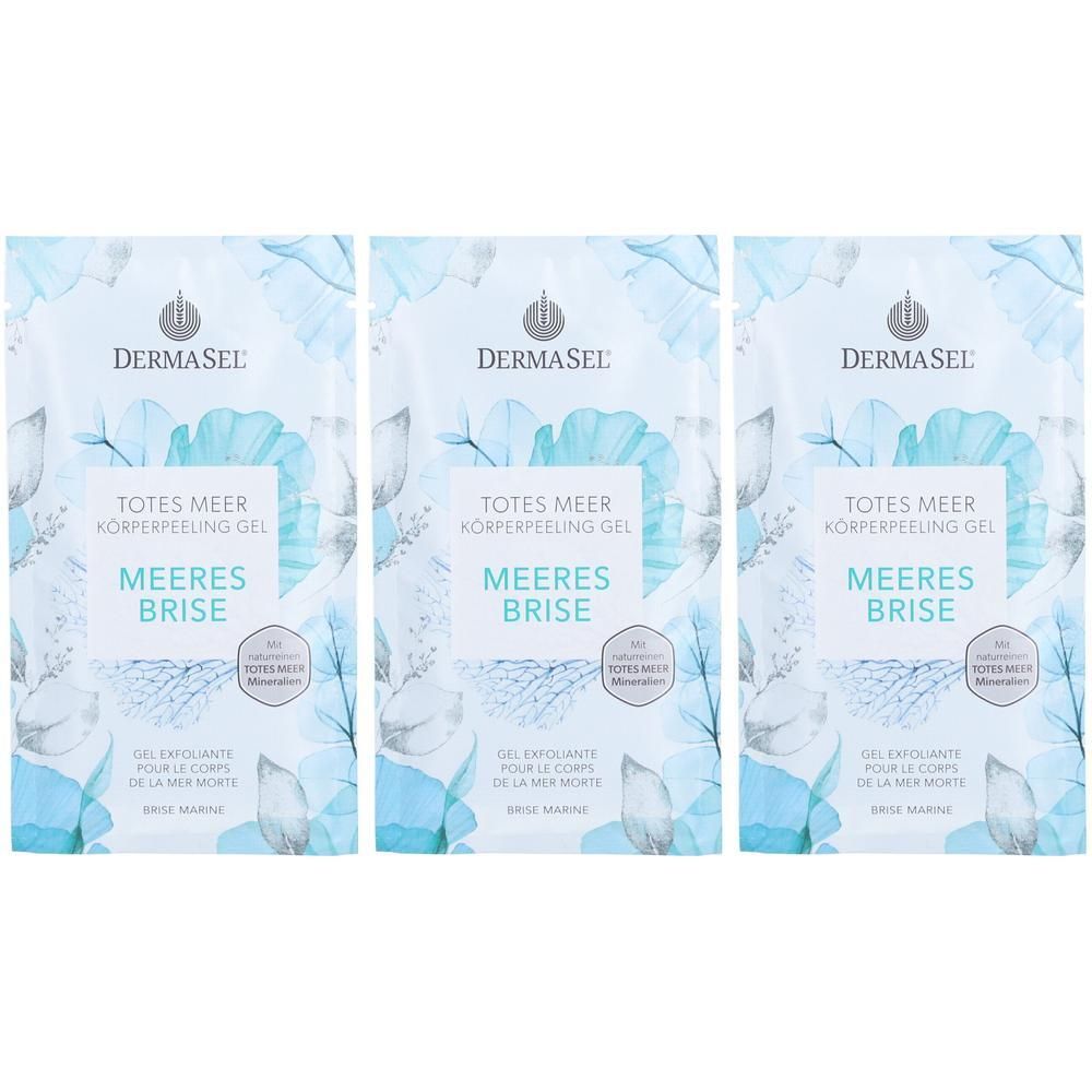 Drei Beutel DERMASEL Körperpeeling Gel Meeresbrise. Weiße Verpackung mit floralem Muster und Produktbezeichnungen in Deutsch und Französisch.